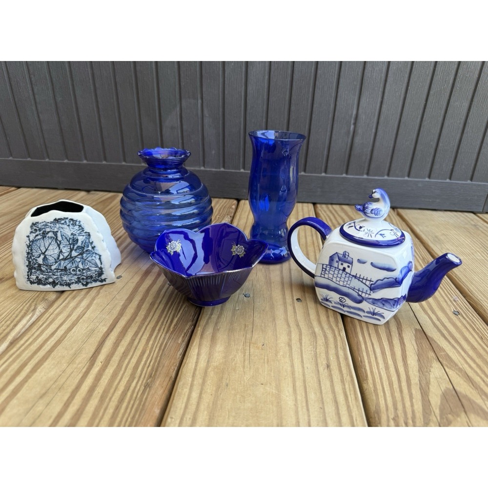 Vintage Kobalt Blue + White Porcelain Glass Decor Lot Teapot Candle Vase Bowl